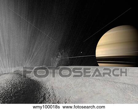Stock Illustration - Illustration of a geyser erupting on the surface of Enceladus.. Fotosearch