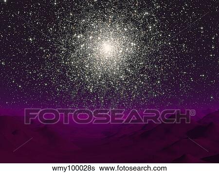 Illustration of a globular cluster over the terrain of a barren planet. View Large Illustration Stock Illustration - Illustration of a globular cluster over the terrain of a barren planet.. Fotosearch