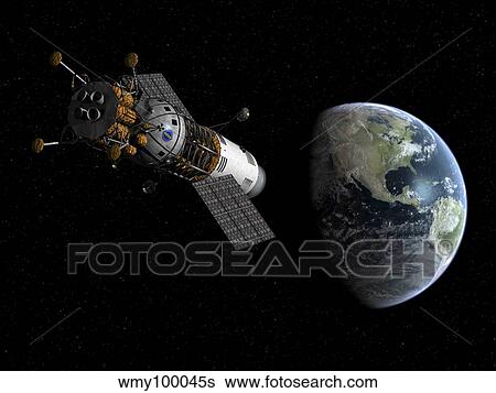 Illustration of a lunar tug propelling itself into Earth orbit. View Large Illustration Stock Illustration - Illustration of a lunar tug propelling itself into Earth orbit.. Fotosearch
