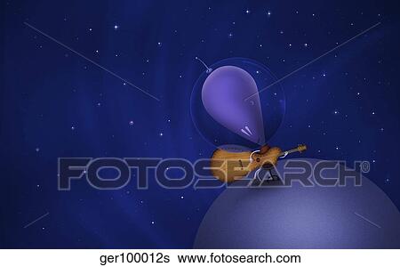 Illustration of a Martian playing the guitar atop a planet in outer space. View Large Illustration Stock Illustration - Illustration of a Martian playing the guitar atop a planet in outer space.. Fotosearch