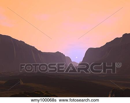 Illustration of a martian sunrise from within a deep canyon. View Large Illustration Stock Illustration - Illustration of a martian sunrise from within a deep canyon.. Fotosearch