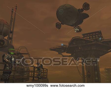 Illustration of a spacecraft and astronauts at a mining site on Saturn's moon Titan. View Large Illustration Stock Illustration - Illustration of a spacecraft and astronauts at a mining site on Saturn's moon Titan.. Fotosearch