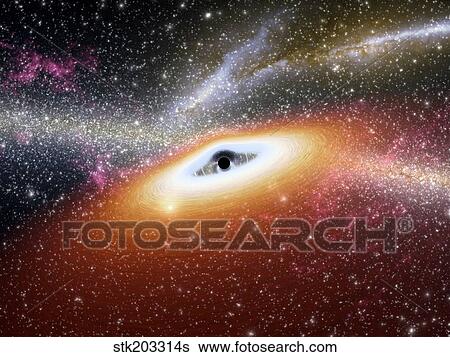 Stock Illustration - Illustration of a supermassive black hole at the core of a young, star-rich galaxy.. Fotosearch