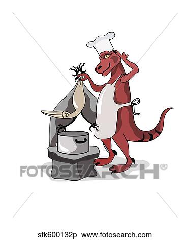 Stock Illustration - Illustration of a Tyrannosaurus Rex chef cooking.. Fotosearch