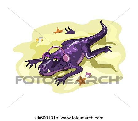 Stock Illustration - Illustration of an Anteosaurus sunbathing with headphones.. Fotosearch
