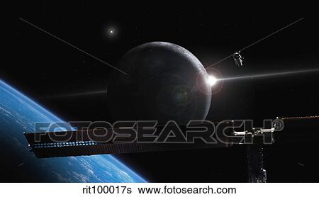 Illustration of an astronaut in orbit over earth-like planet system with space station. View Large Illustration Stock Illustration - Illustration of an astronaut in orbit over earth-like planet system with space station.. Fotosearch
