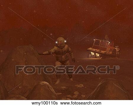Illustration of astronauts exploring the surface of Saturn's moon Titan during a blizzard. View Large Illustration Stock Illustration - Illustration of astronauts exploring the surface of Saturn's moon Titan during a blizzard.. Fotosearch