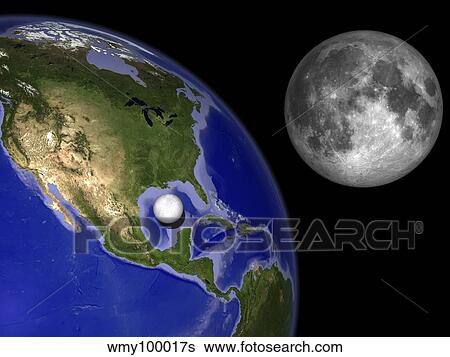 Stock Illustration - Illustration of Enceladus in front of the Earth and next to Earth's moon.. Fotosearch