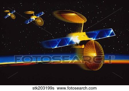 Illustration of satellites over Earth's horizon. View Large Illustration Stock Illustration - Illustration of satellites over Earth's horizon.. Fotosearch