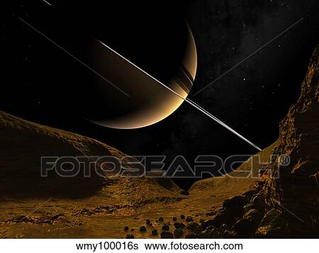 Stock Illustration - Illustration of Saturn from the icy surface of Enceladus.. Fotosearch