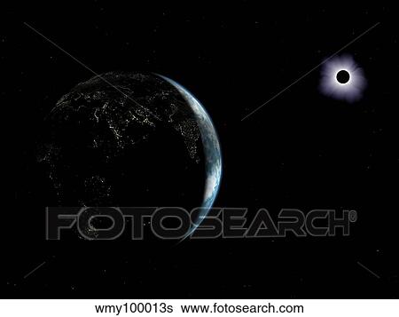 Illustration of the city lights on a dark Earth during a solar eclipse. View Large Illustration Stock Illustration - Illustration of the city lights on a dark Earth during a solar eclipse.. Fotosearch