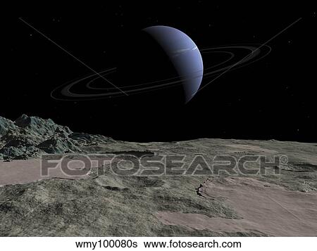 Stock Illustration - Illustration of the gas giant Neptune as seen from the surface of its moon Triton.. Fotosearch