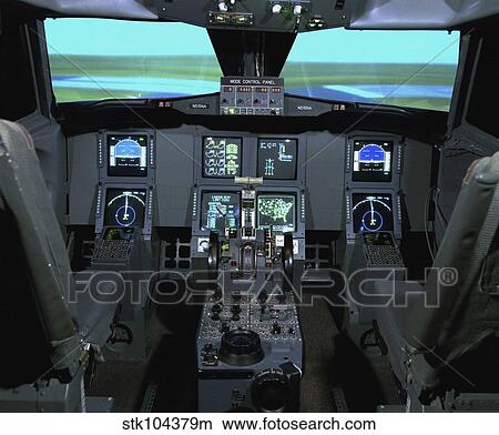 Interior view of an aircraft flight simulator. View Large Photo Image Picture - Interior view of an aircraft flight simulator.. Fotosearch
