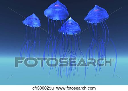 Stock Illustration - Iridescent glowing blue jeelyfish swim in the ocean.. Fotosearch