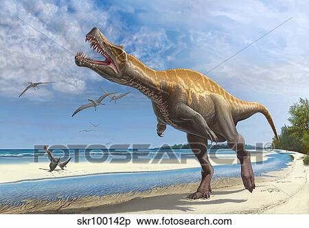 Stock Illustration - Irritator challengeri lets out a loud roar while walking along a Cretaceous shoreline.. Fotosearch