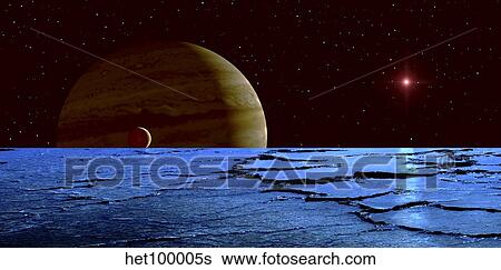 Jupiter and its moon Lo as seen from the frozen surface of Jupiter's moon Europa. View Large Illustration Stock Illustration - Jupiter and its moon Lo as seen from the frozen surface of Jupiter's moon Europa.. Fotosearch