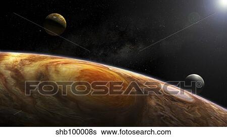 Jupiter's moons Io and Europa hover over the Great Red Spot on Jupiter. View Large Illustration Stock Illustration - Jupiter's moons Io and Europa hover over the Great Red Spot on Jupiter.. Fotosearch