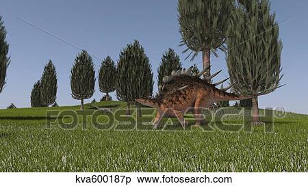 Stock Illustration - Kentrosaurus and a Coelophysis walking across an open field.. Fotosearch