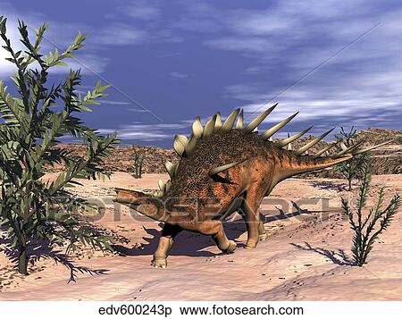 Stock Illustration - Kentrosaurus dinosaur grazing on a dicroidium plant.. Fotosearch