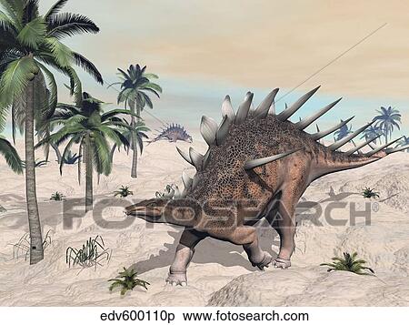 Kentrosaurus dinosaurs walking in the desert among palm trees. View Large Illustration Stock Illustration - Kentrosaurus dinosaurs walking in the desert among palm trees.. Fotosearch
