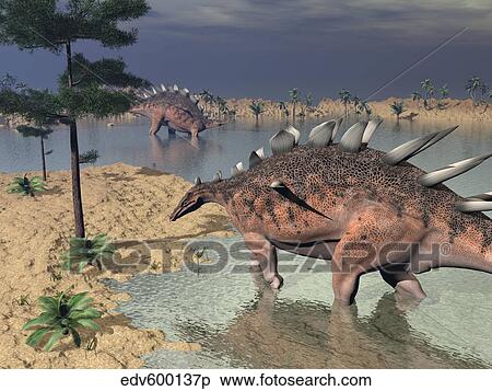 Kentrosaurus dinosaurs walking in the water next to sand and trees. View Large Illustration Stock Illustration - Kentrosaurus dinosaurs walking in the water next to sand and trees.. Fotosearch