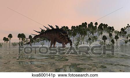 Kentrosaurus drinking from prehistoric waters. View Large Illustration Stock Illustration - Kentrosaurus drinking from prehistoric waters.. Fotosearch