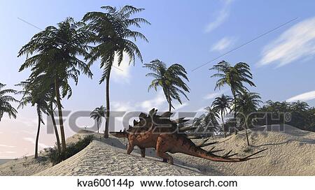 Stock Illustration - Kentrosaurus roaming a tropical setting.. Fotosearch