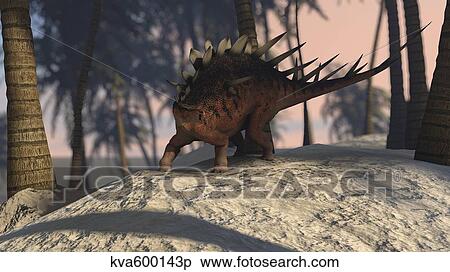 Stock Illustration - Kentrosaurus roaming in a tropical setting.. Fotosearch