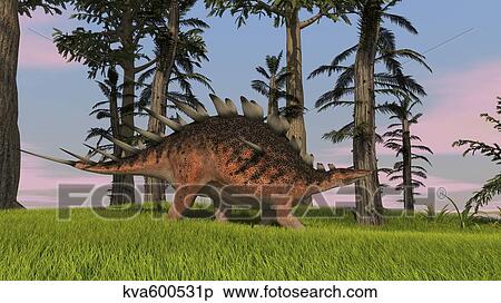 Stock Illustration - Kentrosaurus walking across a grassy field.. Fotosearch