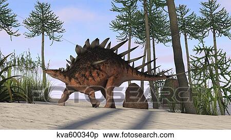 Stock Illustration - Kentrosaurus walking across a prehistoric landscape.. Fotosearch