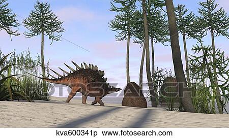 Stock Illustration - Kentrosaurus walking across a prehistoric landscape.. Fotosearch