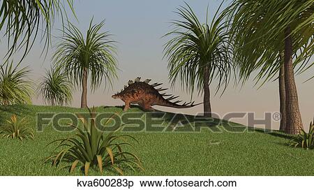 Stock Illustration - Kentrosaurus walking across an open field.. Fotosearch