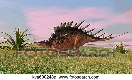 Stock Illustration - Kentrosaurus walking across prehistoric grasslands.. Fotosearch