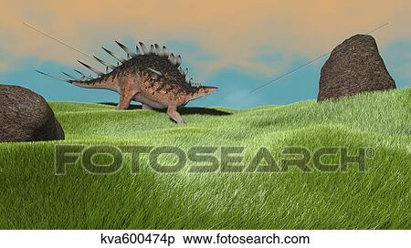 Kentrosaurus walking across prehistoric grasslands. View Large Illustration Stock Illustration - Kentrosaurus walking across prehistoric grasslands.. Fotosearch