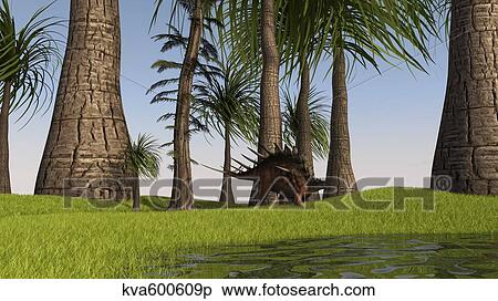 Stock Illustration - Kentrosaurus walking along a nearby swamp.. Fotosearch