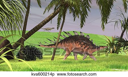 Kentrosaurus walking through a field, with a Ceratosaurus in background. View Large Illustration Stock Illustration - Kentrosaurus walking through a field, with a Ceratosaurus in background.. Fotosearch