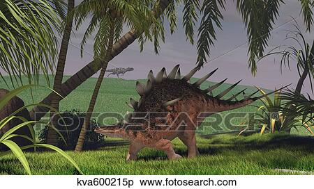 Kentrosaurus walking through a field, with a Ceratosaurus in background. View Large Illustration Stock Illustration - Kentrosaurus walking through a field, with a Ceratosaurus in background.. Fotosearch