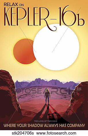 Kepler-16b orbits a pair of stars in this retro space poster. View Large Illustration Stock Illustration - Kepler-16b orbits a pair of stars in this retro space poster.. Fotosearch