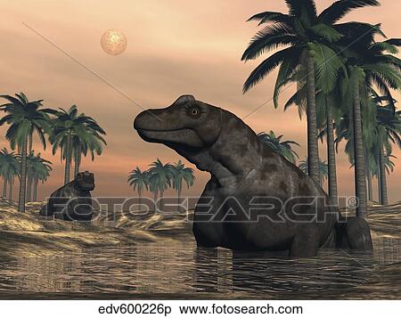 Keratocephalus dinosaurs in a small lake at sunset. View Large Illustration Stock Illustration - Keratocephalus dinosaurs in a small lake at sunset.. Fotosearch