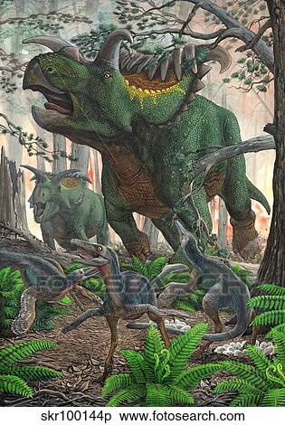 Stock Illustration - Kosmoceratops tramples over nesting Talos dinosaurs while fleeing from a forest fire.. Fotosearch