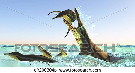 Stock Illustration - Kronosaurus, attacks a pod of Dolichorhynchops in Cretaceous seas.. Fotosearch