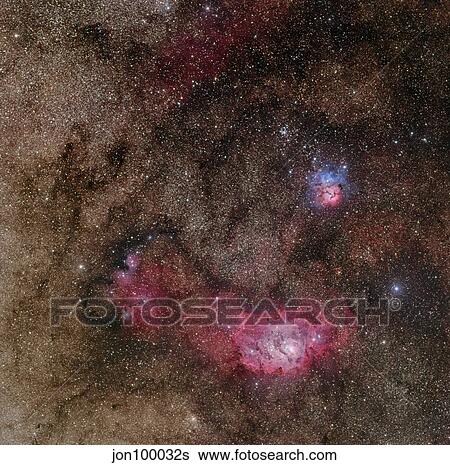 Lagoon Nebula and Trifid Nebula in Sagittarius. View Large Photo Image Stock Photograph - Lagoon Nebula and Trifid Nebula in Sagittarius.. Fotosearch