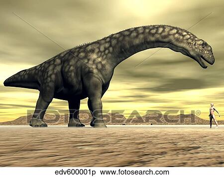 Stock Illustration - Large Argentinosaurus dinosaur face to face with a human.. Fotosearch