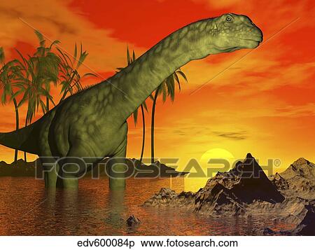 Stock Illustration - Large Argentinosaurus dinosaur in water at sunset.. Fotosearch
