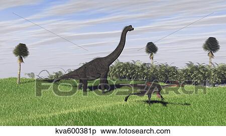 Stock Illustration - Large Brachiosaurus and a Gigantoraptor in a grassy field.. Fotosearch