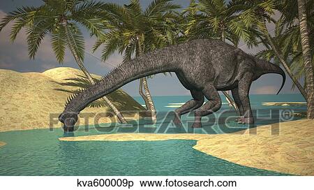 Large Brachiosaurus drinking water from a stream. View Large Illustration Stock Illustration - Large Brachiosaurus drinking water from a stream.. Fotosearch