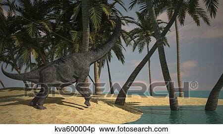 Large Brachiosaurus grazing at the water's edge. View Large Illustration Stock Illustration - Large Brachiosaurus grazing at the water's edge.. Fotosearch