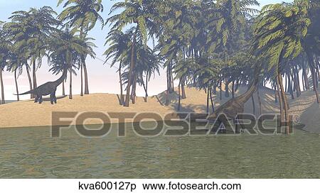 Stock Illustration - Large Brachiosaurus grazing in a tropical climate.. Fotosearch