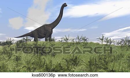 Stock Illustration - Large Brachiosaurus grazing in an open field.. Fotosearch