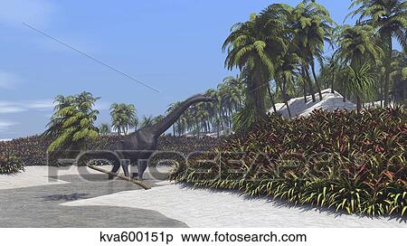 Large Brachiosaurus grazing on tropical plants. View Large Illustration Stock Illustration - Large Brachiosaurus grazing on tropical plants.. Fotosearch